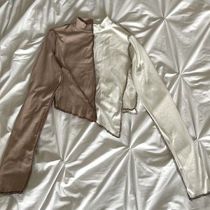 Forever 21 Tan & White Color Block Mock Neck Asymmetrical